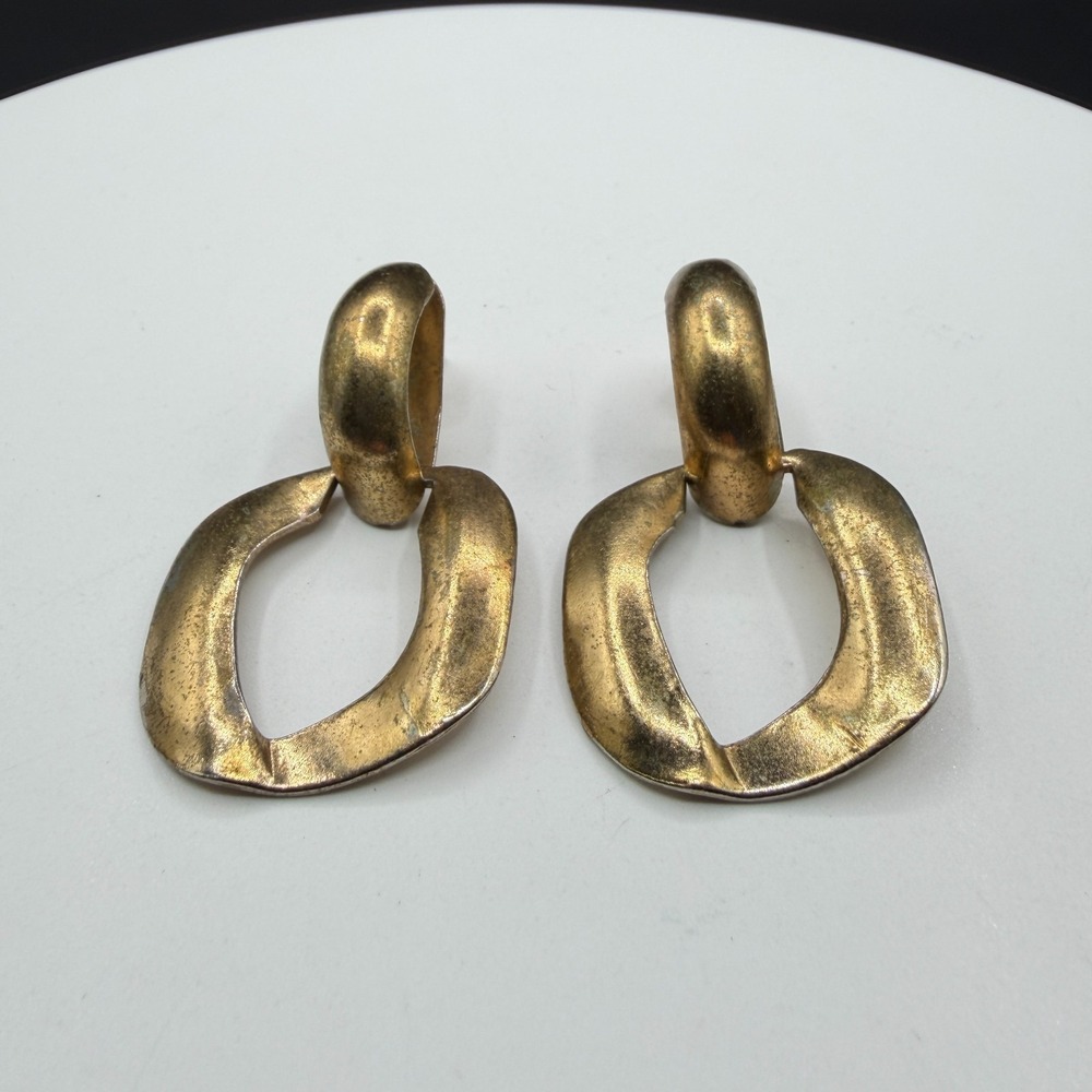 Gold Tone Geometric Door Knocker Dangle Earrings Chunky Statement Pierced Pair - Picture 4 of 13